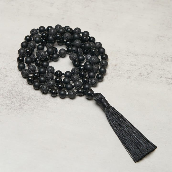 Buddha Stones8mmビーズ ブラックオニキス 溶岩石 タッセル 守護幸運繁栄マーラー数珠 - ブラックオニキス＆溶岩石 - image 0
