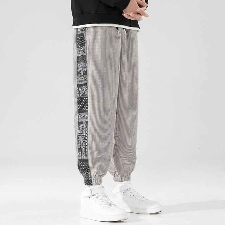 Buddha Stones秋冬 無地 ドローストリング サイドペイズリー柄 ストレートレッグ 足首丈 コーデュロイ メンズパンツ ポケット付き - ライトグレー - US/UK/AU46、 EU56 (5XL) - image 13