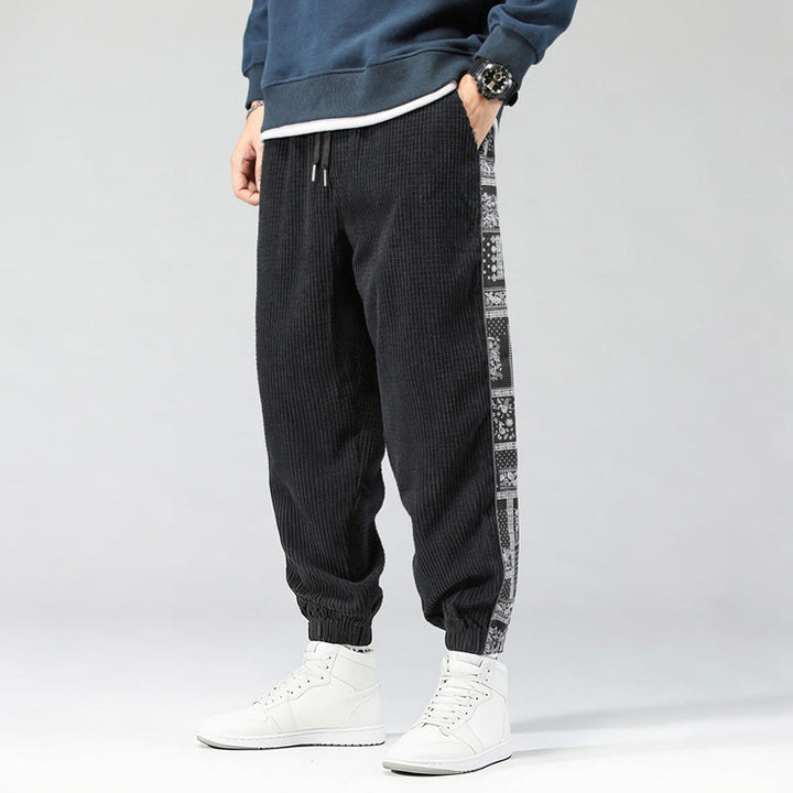 Buddha Stones秋冬 無地 ドローストリング サイドペイズリー柄 ストレートレッグ 足首丈 コーデュロイ メンズパンツ ポケット付き - image 2