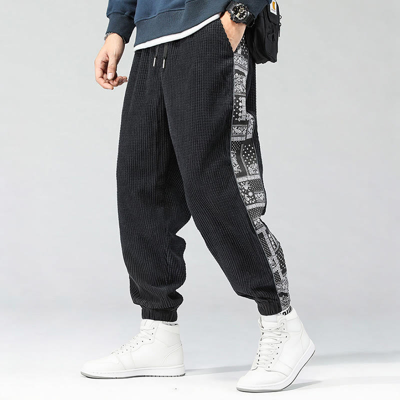 Buddha Stones秋冬 無地 ドローストリング サイドペイズリー柄 ストレートレッグ 足首丈 コーデュロイ メンズパンツ ポケット付き - image 1