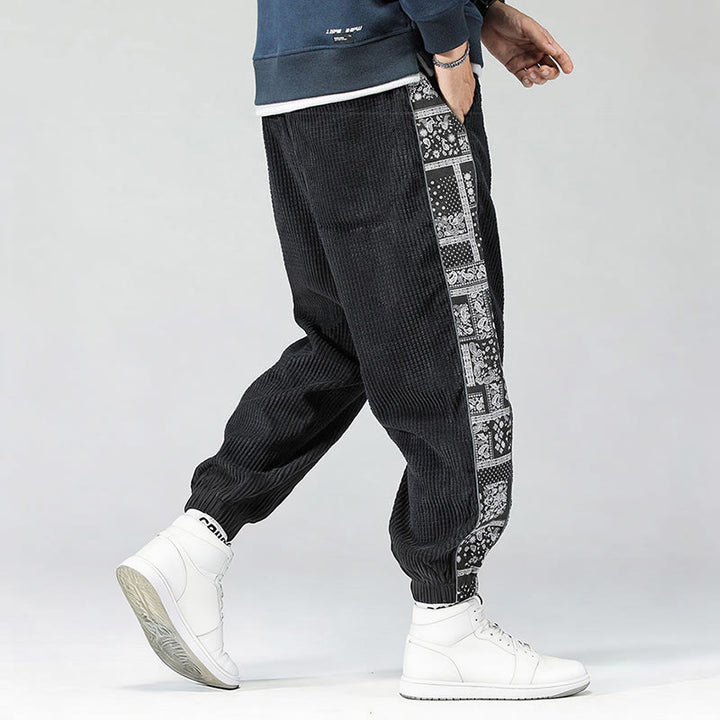 Buddha Stones秋冬 無地 ドローストリング サイドペイズリー柄 ストレートレッグ 足首丈 コーデュロイ メンズパンツ ポケット付き - image 6