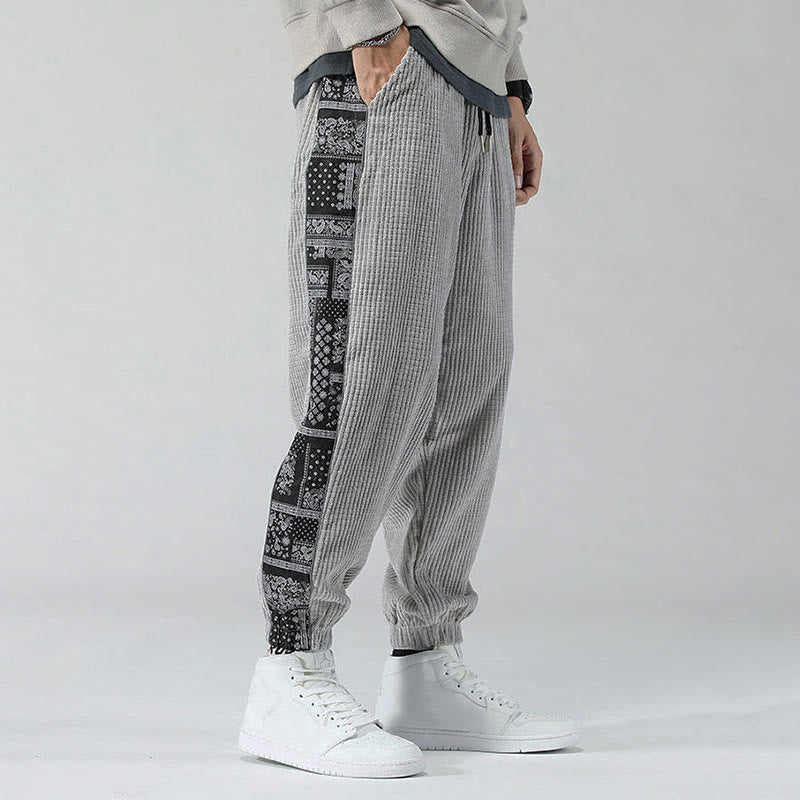 Buddha Stones秋冬 無地 ドローストリング サイドペイズリー柄 ストレートレッグ 足首丈 コーデュロイ メンズパンツ ポケット付き - image 14