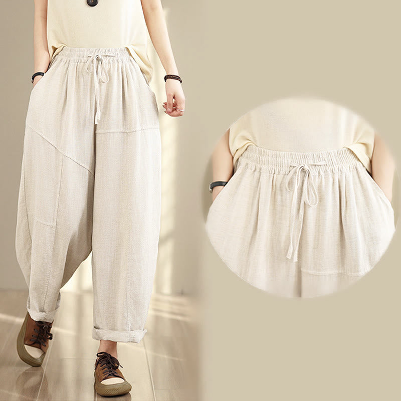 Buddha Stonesレディース 秋冬 無地 ドローストリング コットンリネン 7-8丈パンツ ポケット付き - image 10