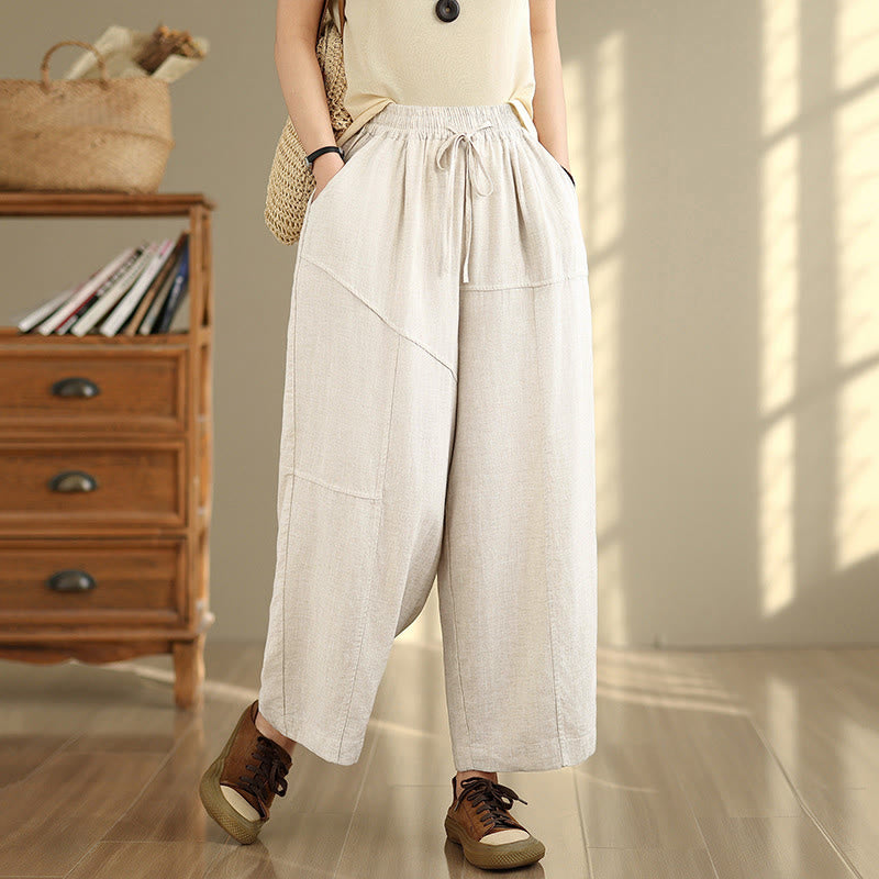 Buddha Stonesレディース 秋冬 無地 ドローストリング コットンリネン 7-8丈パンツ ポケット付き - フローラルホワイト - US12、 UK/AU16、 EU44 (2XL) - image 0