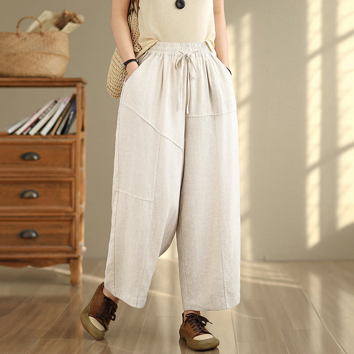 Buddha Stonesレディース 秋冬 無地 ドローストリング コットンリネン 7-8丈パンツ ポケット付き - フローラルホワイト - US12、 UK/AU16、 EU44 (2XL) - image 0