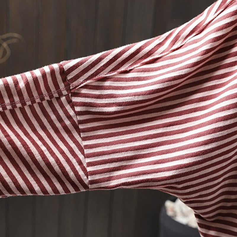 Buddha Stones春 ストライプ柄 長袖 レディース コットン パーカー - image 7