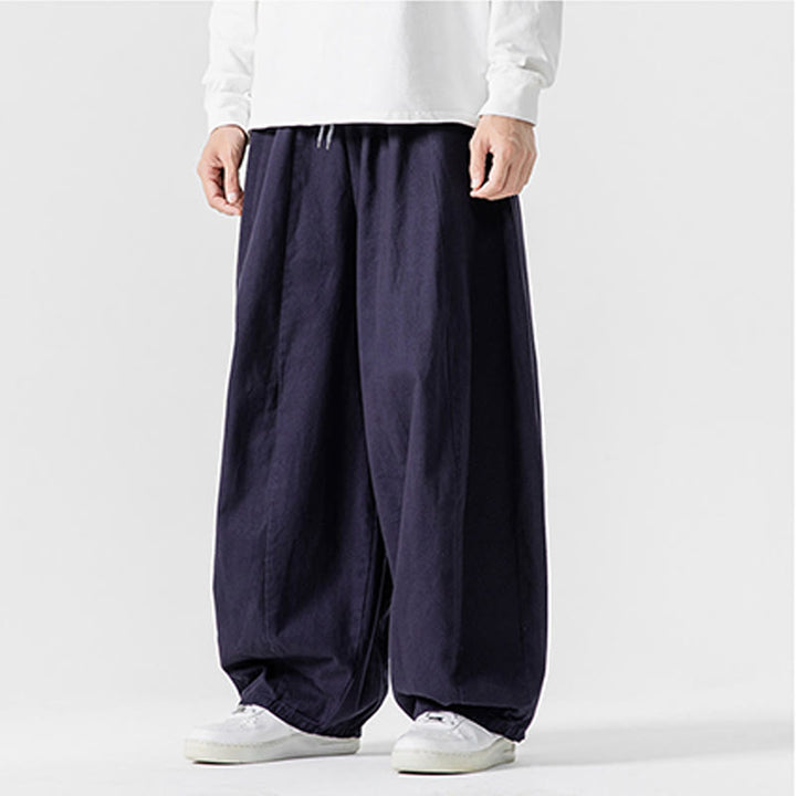 Buddha Stones冬用通勤 無地 ドローストリングデザイン メンズ ワイドレッグ コットンパンツ ポケット付き - image 2