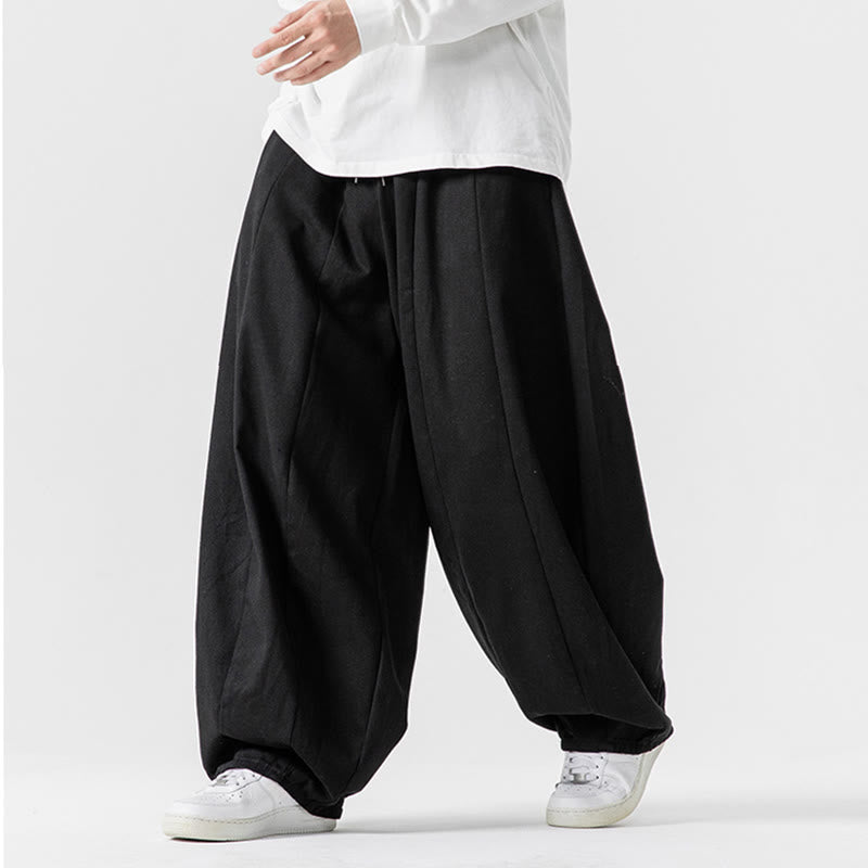 Buddha Stones冬用通勤 無地 ドローストリングデザイン メンズ ワイドレッグ コットンパンツ ポケット付き - image 44