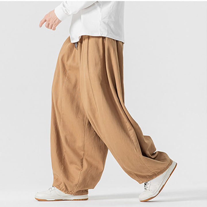Buddha Stones冬用通勤 無地 ドローストリングデザイン メンズ ワイドレッグ コットンパンツ ポケット付き - image 14