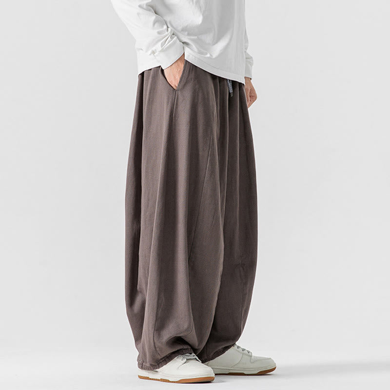 Buddha Stones冬用通勤 無地 ドローストリングデザイン メンズ ワイドレッグ コットンパンツ ポケット付き - image 28
