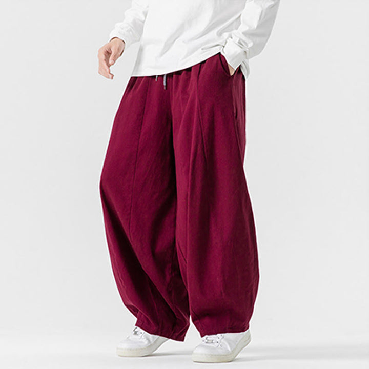 Buddha Stones冬用通勤 無地 ドローストリングデザイン メンズ ワイドレッグ コットンパンツ ポケット付き - image 35