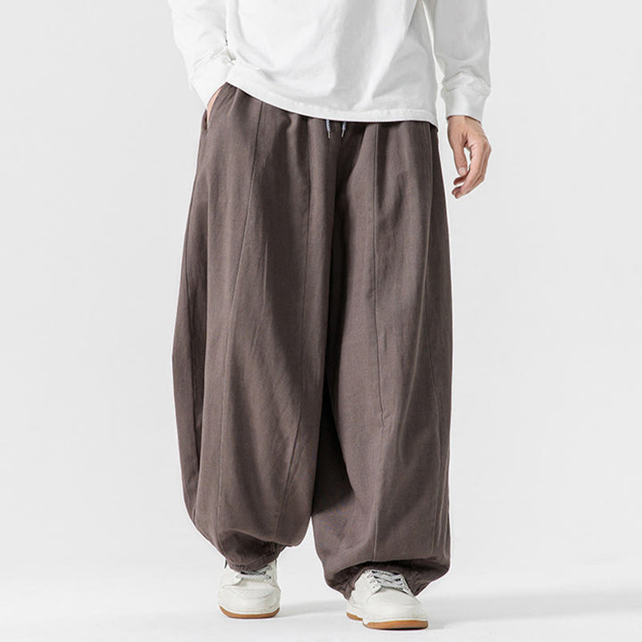 Buddha Stones冬用通勤 無地 ドローストリングデザイン メンズ ワイドレッグ コットンパンツ ポケット付き - image 25
