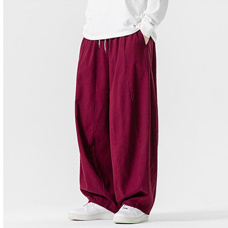 Buddha Stones冬用通勤 無地 ドローストリングデザイン メンズ ワイドレッグ コットンパンツ ポケット付き - image 33