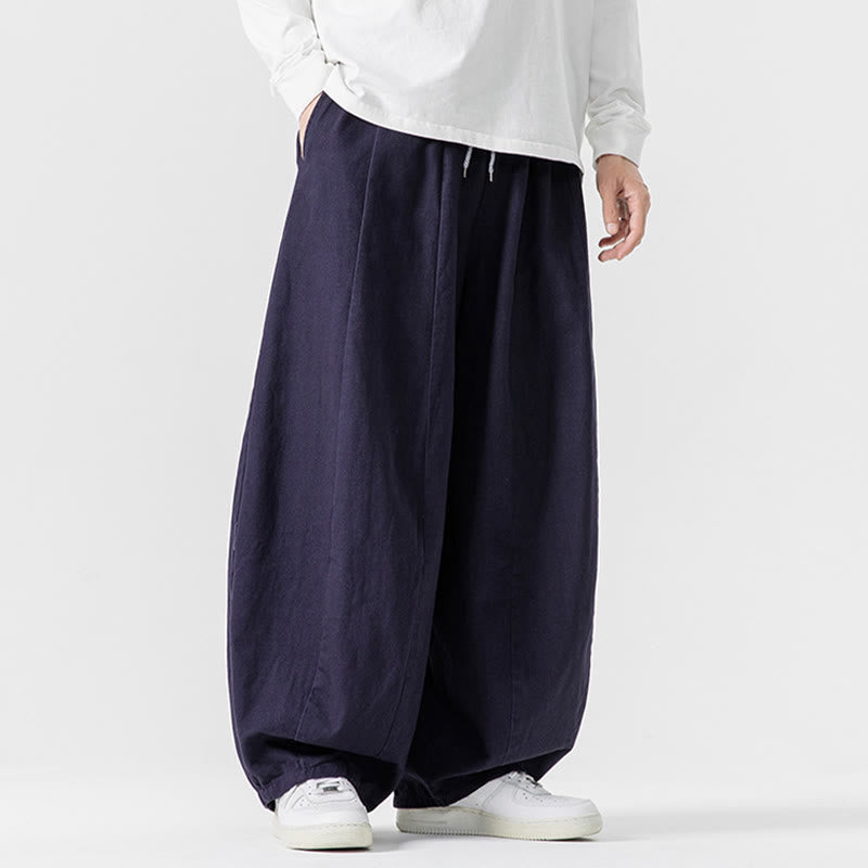 Buddha Stones冬用通勤 無地 ドローストリングデザイン メンズ ワイドレッグ コットンパンツ ポケット付き - image 3