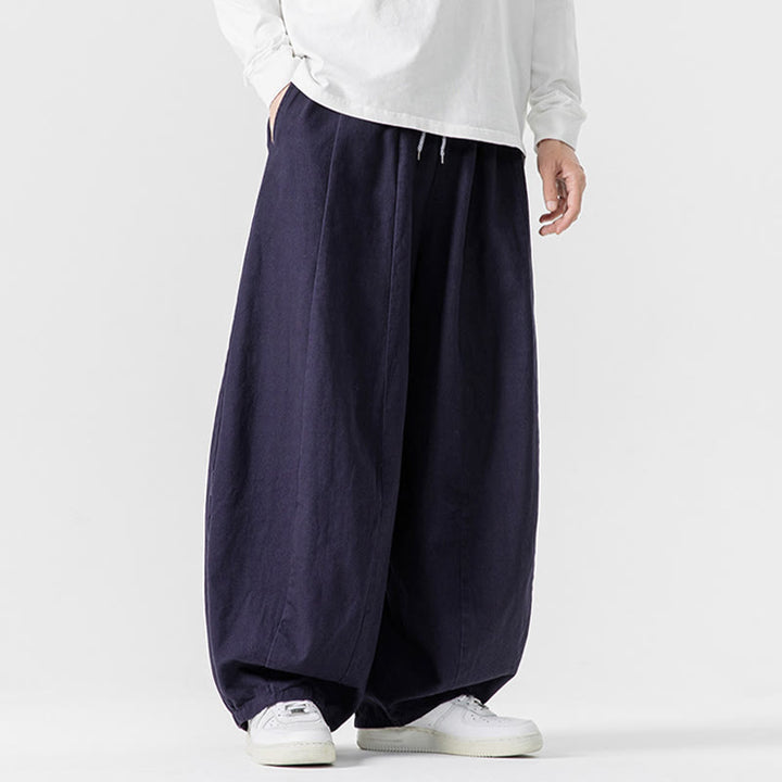 Buddha Stones冬用通勤 無地 ドローストリングデザイン メンズ ワイドレッグ コットンパンツ ポケット付き - image 3