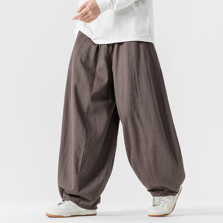 Buddha Stones冬用通勤 無地 ドローストリングデザイン メンズ ワイドレッグ コットンパンツ ポケット付き - image 30