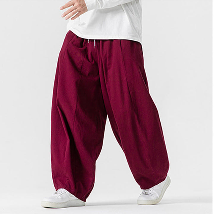 Buddha Stones冬用通勤 無地 ドローストリングデザイン メンズ ワイドレッグ コットンパンツ ポケット付き - image 36