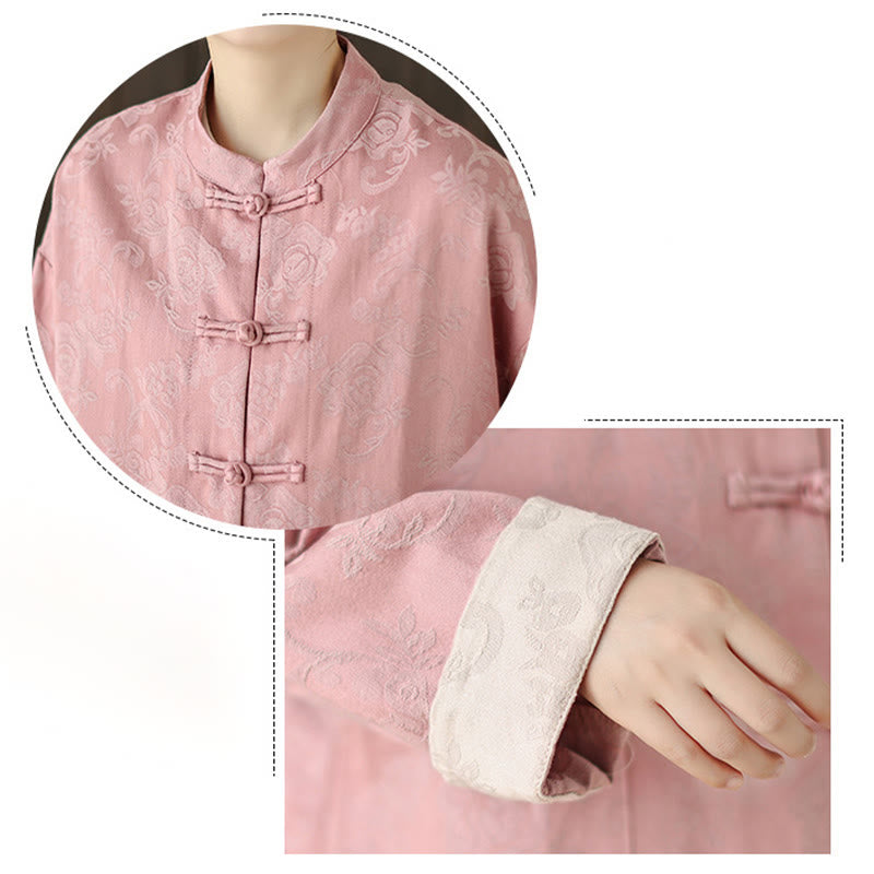 Buddha Stones秋の花柄プリント カエルボタン スタンドカラー 長袖 レディース コットンシャツ - image 13