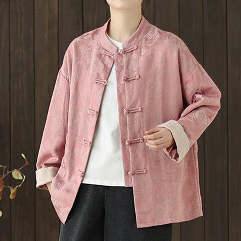 Buddha Stones秋の花柄プリント カエルボタン スタンドカラー 長袖 レディース コットンシャツ - image 3