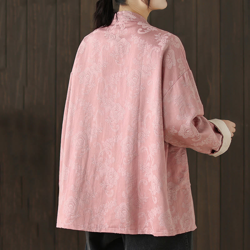 Buddha Stones秋の花柄プリント カエルボタン スタンドカラー 長袖 レディース コットンシャツ - image 4