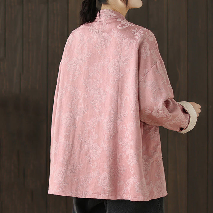 Buddha Stones秋の花柄プリント カエルボタン スタンドカラー 長袖 レディース コットンシャツ - image 4