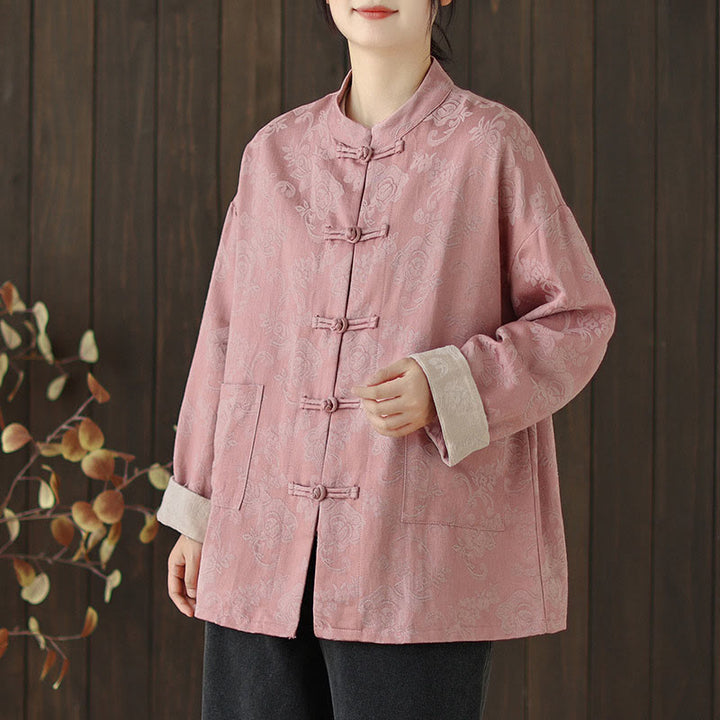Buddha Stones秋の花柄プリント カエルボタン スタンドカラー 長袖 レディース コットンシャツ - image 5