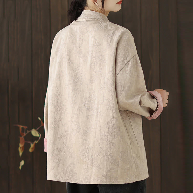 Buddha Stones秋の花柄プリント カエルボタン スタンドカラー 長袖 レディース コットンシャツ - image 18