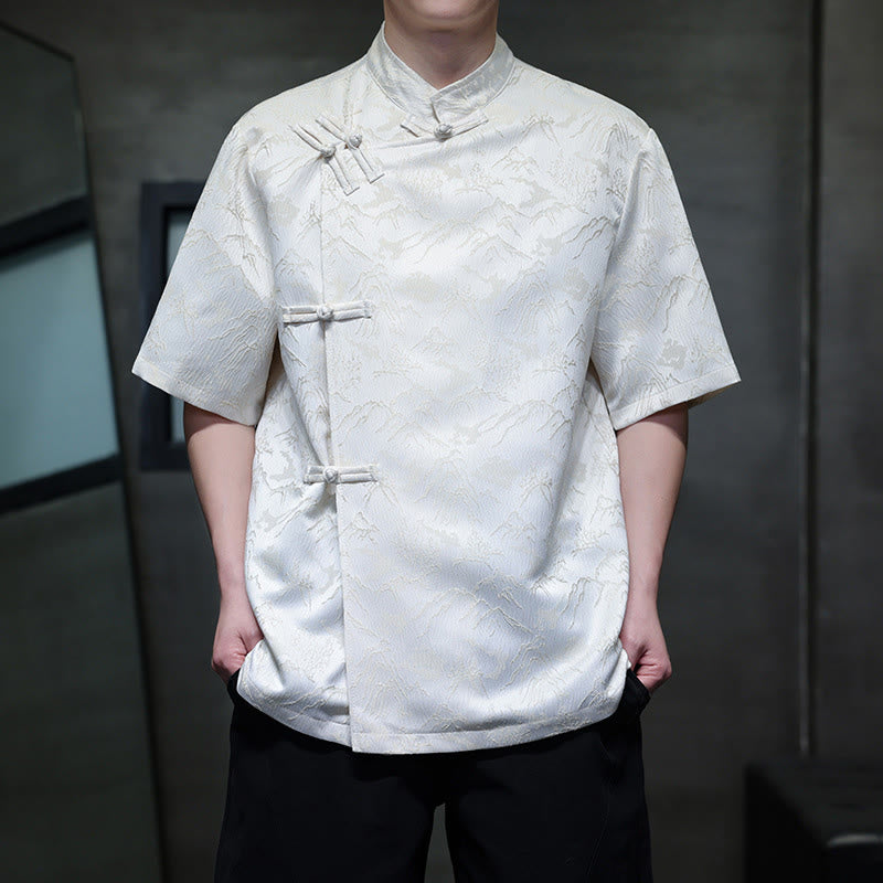 Buddha Stones夏 山柄 ジャカード 中国風 カエルボタン コットン 半袖 メンズシャツ - 白 - US/UK/AU42、 EU52 (3XL) - image 0