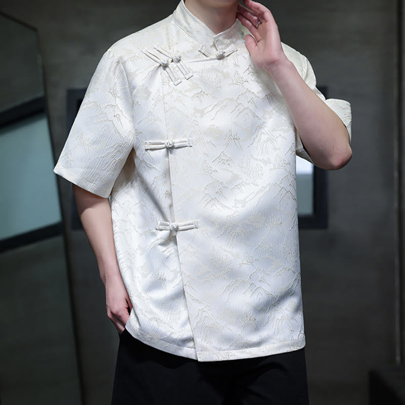 Buddha Stones夏 山柄 ジャカード 中国風 カエルボタン コットン 半袖 メンズシャツ - image 1