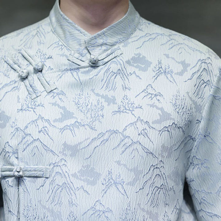 Buddha Stones夏 山柄 ジャカード 中国風 カエルボタン コットン 半袖 メンズシャツ - image 18