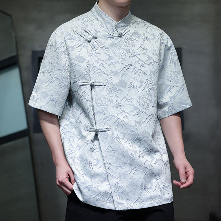 Buddha Stones夏 山柄 ジャカード 中国風 カエルボタン コットン 半袖 メンズシャツ - image 9