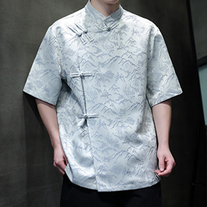 Buddha Stones夏 山柄 ジャカード 中国風 カエルボタン コットン 半袖 メンズシャツ - image 14