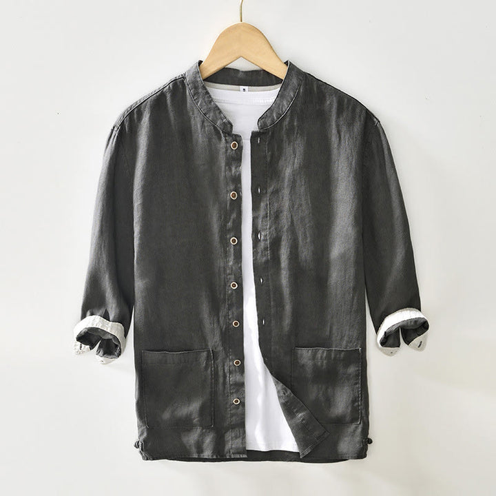 Buddha Stones秋冬 無地 ボタンダウン スタンドカラー 七分袖 リネン メンズシャツ ポケット付き - ダークグレー - US/UK/AU42、 EU52 (3XL) - image 0