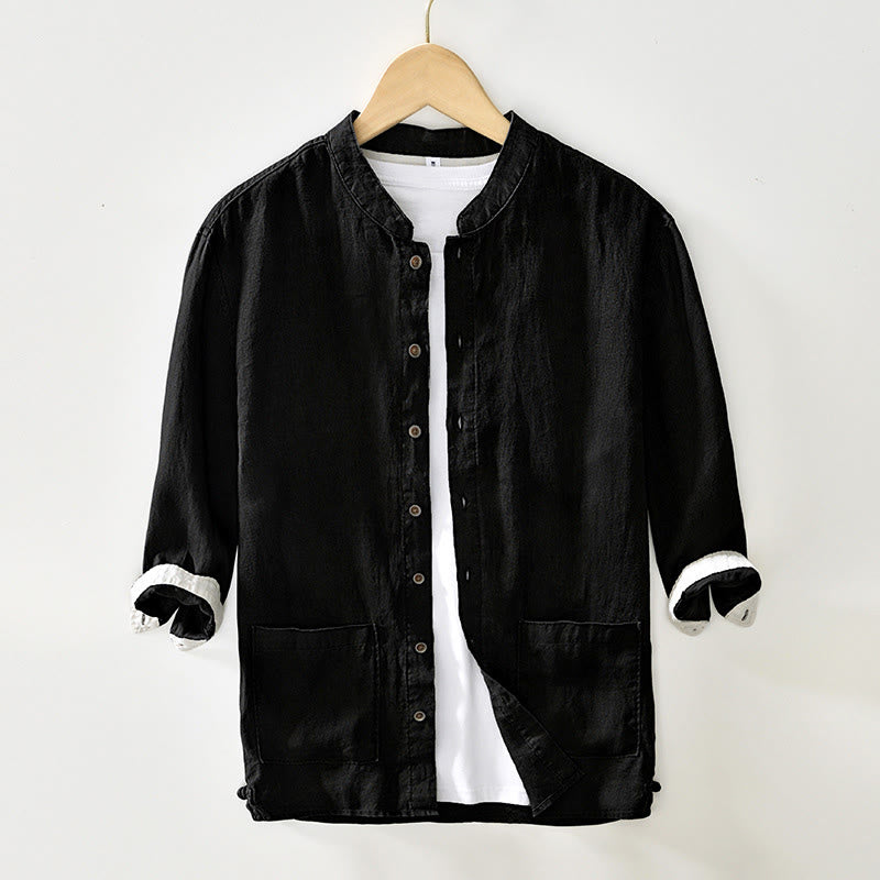 Buddha Stones秋冬 無地 ボタンダウン スタンドカラー 七分袖 リネン メンズシャツ ポケット付き - 黒 - US/UK/AU42、 EU52 (3XL) - image 10