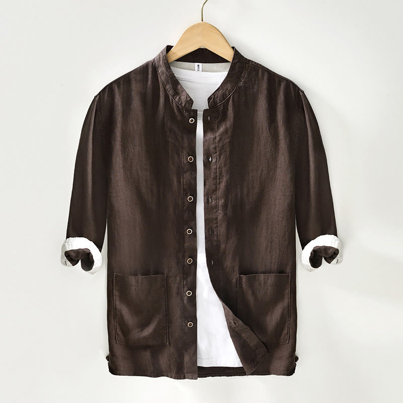 Buddha Stones秋冬 無地 ボタンダウン スタンドカラー 七分袖 リネン メンズシャツ ポケット付き - シエナ - US/UK/AU42、 EU52 (3XL) - image 17