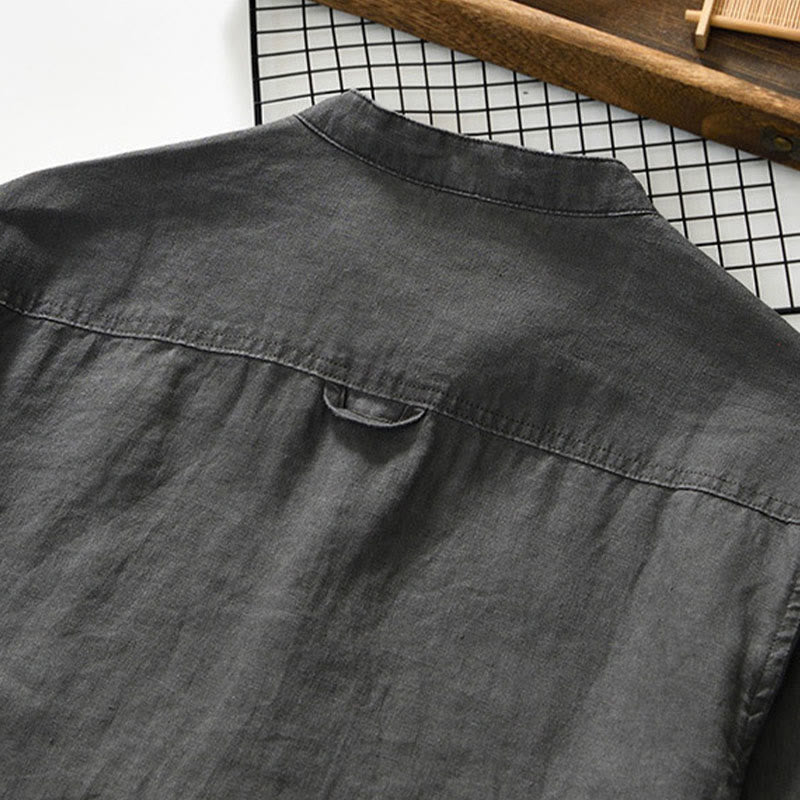 Buddha Stones秋冬 無地 ボタンダウン スタンドカラー 七分袖 リネン メンズシャツ ポケット付き - image 4