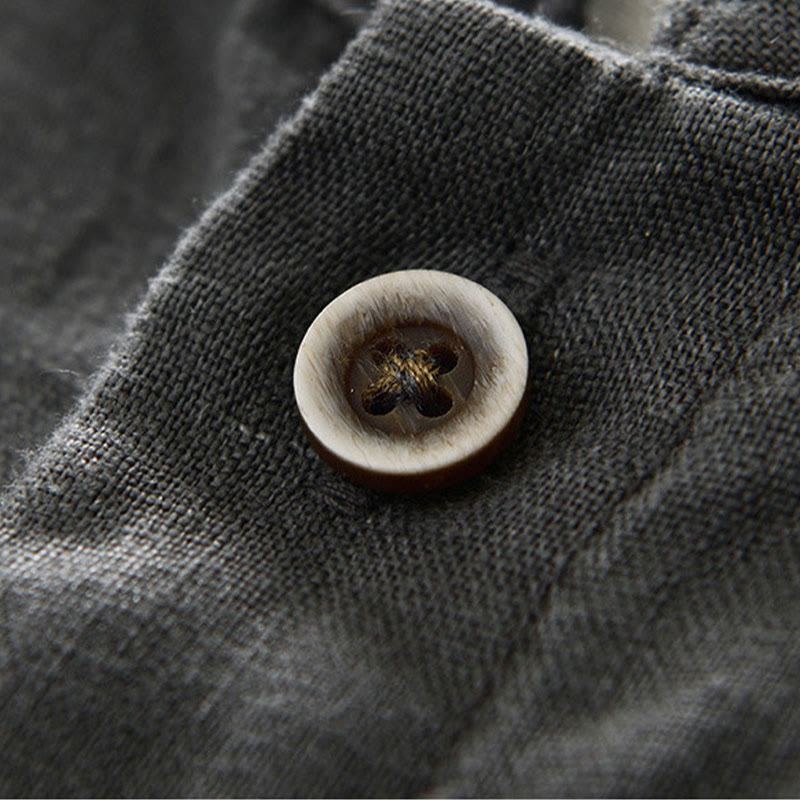 Buddha Stones秋冬 無地 ボタンダウン スタンドカラー 七分袖 リネン メンズシャツ ポケット付き - image 6