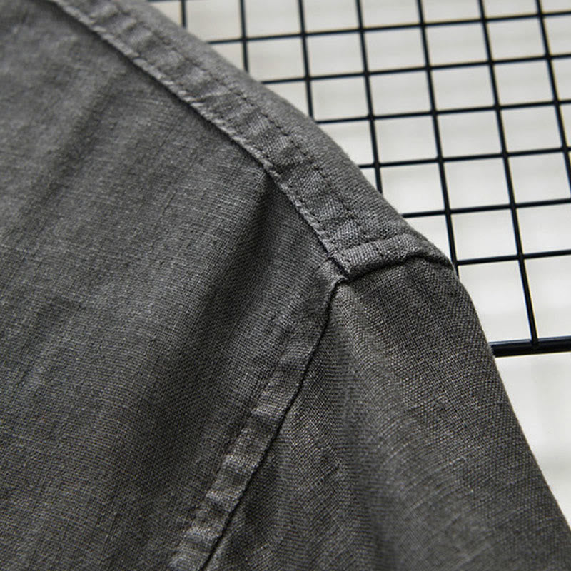 Buddha Stones秋冬 無地 ボタンダウン スタンドカラー 七分袖 リネン メンズシャツ ポケット付き - image 5