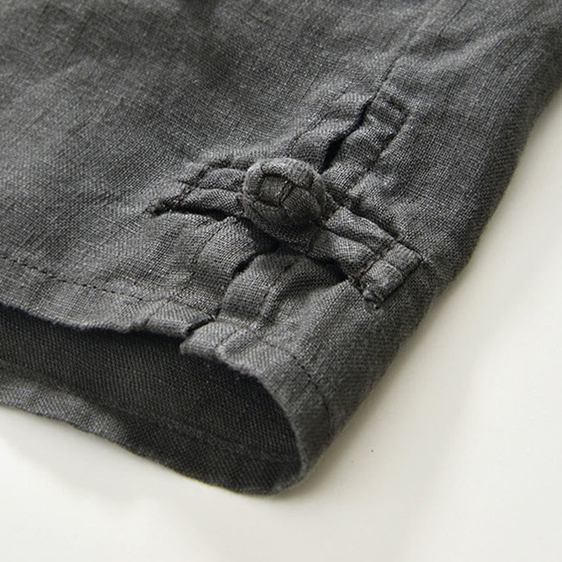 Buddha Stones秋冬 無地 ボタンダウン スタンドカラー 七分袖 リネン メンズシャツ ポケット付き - image 8