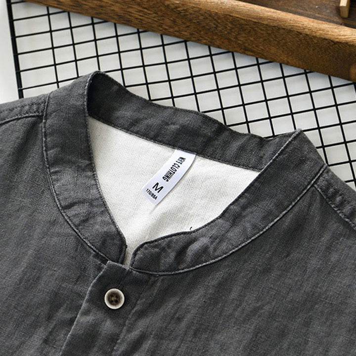 Buddha Stones秋冬 無地 ボタンダウン スタンドカラー 七分袖 リネン メンズシャツ ポケット付き - image 3