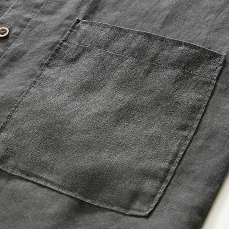 Buddha Stones秋冬 無地 ボタンダウン スタンドカラー 七分袖 リネン メンズシャツ ポケット付き - image 7