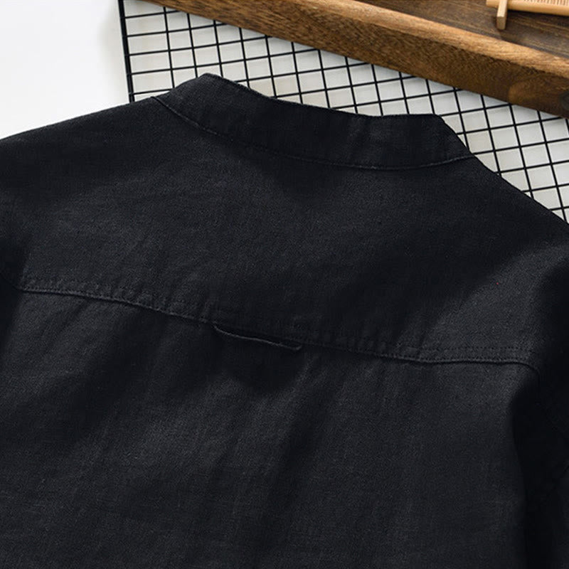 Buddha Stones秋冬 無地 ボタンダウン スタンドカラー 七分袖 リネン メンズシャツ ポケット付き - image 12