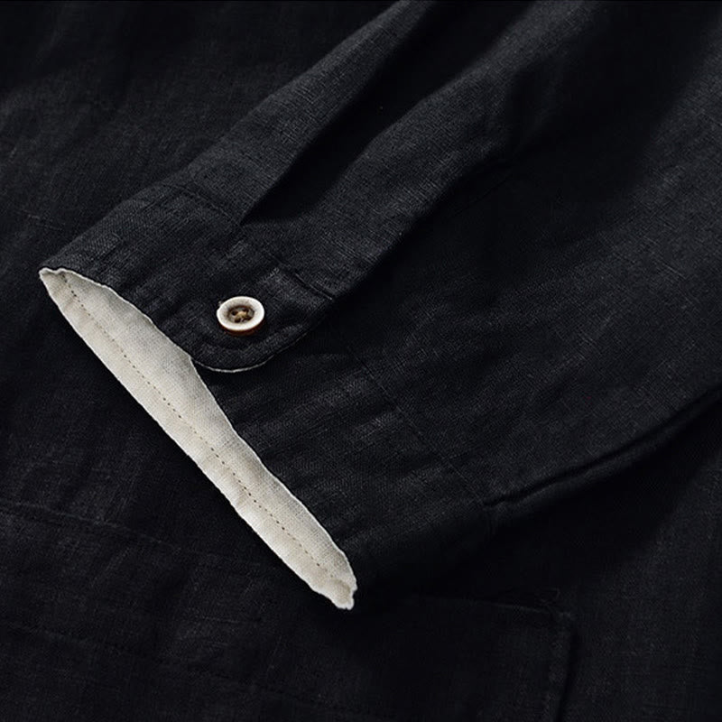 Buddha Stones秋冬 無地 ボタンダウン スタンドカラー 七分袖 リネン メンズシャツ ポケット付き - image 14