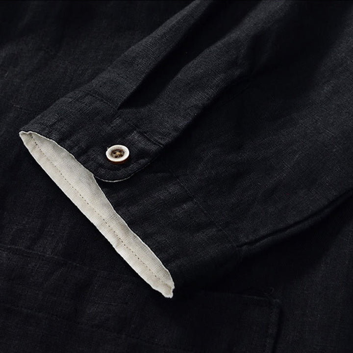 Buddha Stones秋冬 無地 ボタンダウン スタンドカラー 七分袖 リネン メンズシャツ ポケット付き - image 14