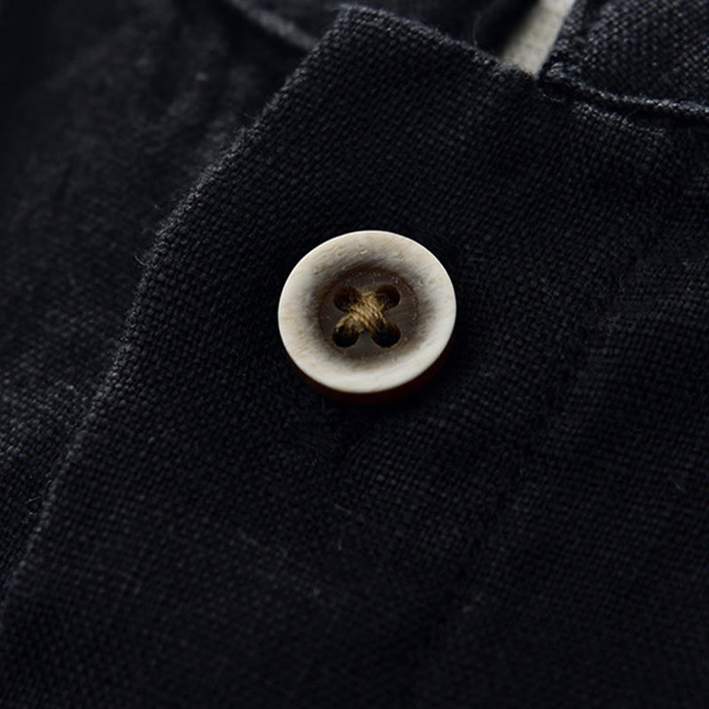 Buddha Stones秋冬 無地 ボタンダウン スタンドカラー 七分袖 リネン メンズシャツ ポケット付き - image 13