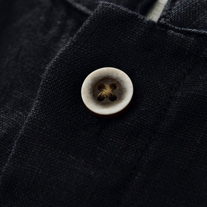 Buddha Stones秋冬 無地 ボタンダウン スタンドカラー 七分袖 リネン メンズシャツ ポケット付き - image 13