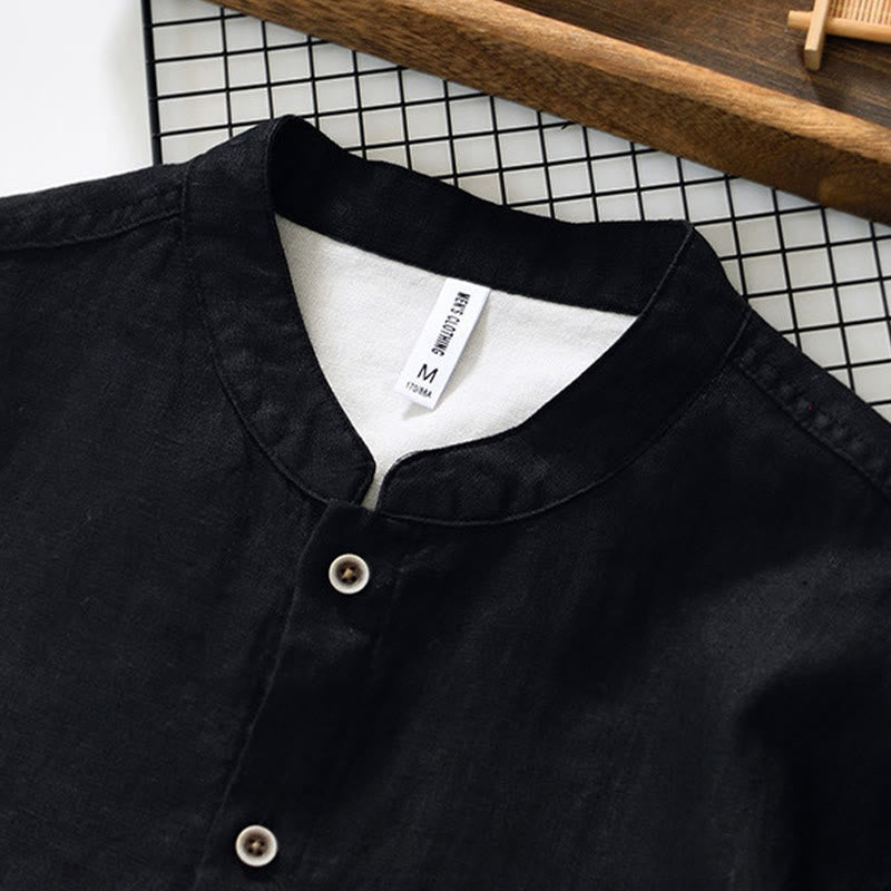 Buddha Stones秋冬 無地 ボタンダウン スタンドカラー 七分袖 リネン メンズシャツ ポケット付き - image 11