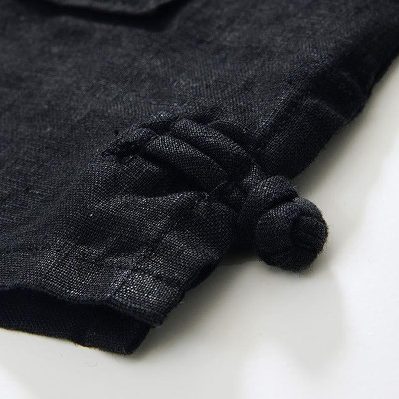 Buddha Stones秋冬 無地 ボタンダウン スタンドカラー 七分袖 リネン メンズシャツ ポケット付き - image 15