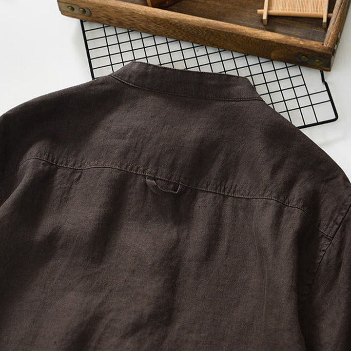 Buddha Stones秋冬 無地 ボタンダウン スタンドカラー 七分袖 リネン メンズシャツ ポケット付き - image 19