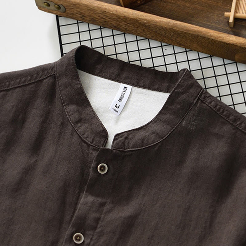 Buddha Stones秋冬 無地 ボタンダウン スタンドカラー 七分袖 リネン メンズシャツ ポケット付き - image 18